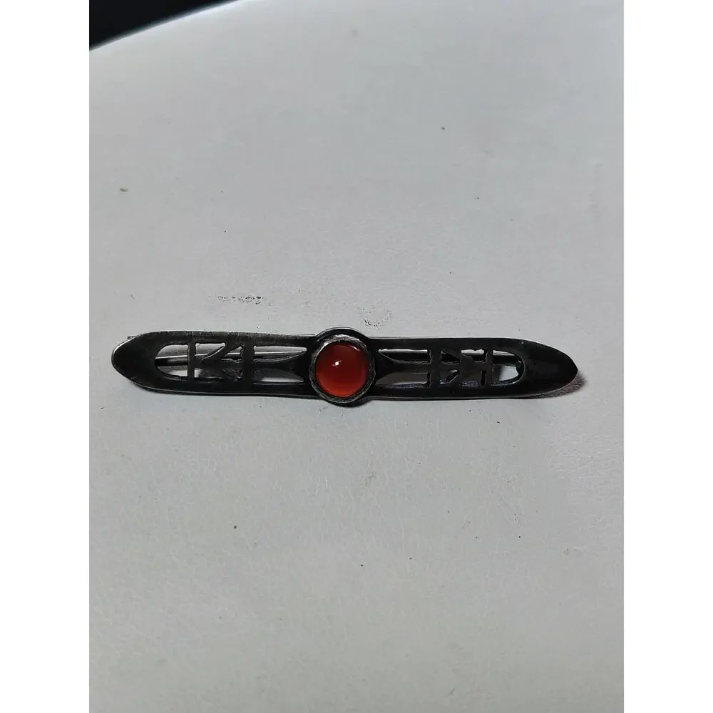 Vintage Sterling Silver Carnelian Arts & Crafts Openwork Bar Brooch Pin 925